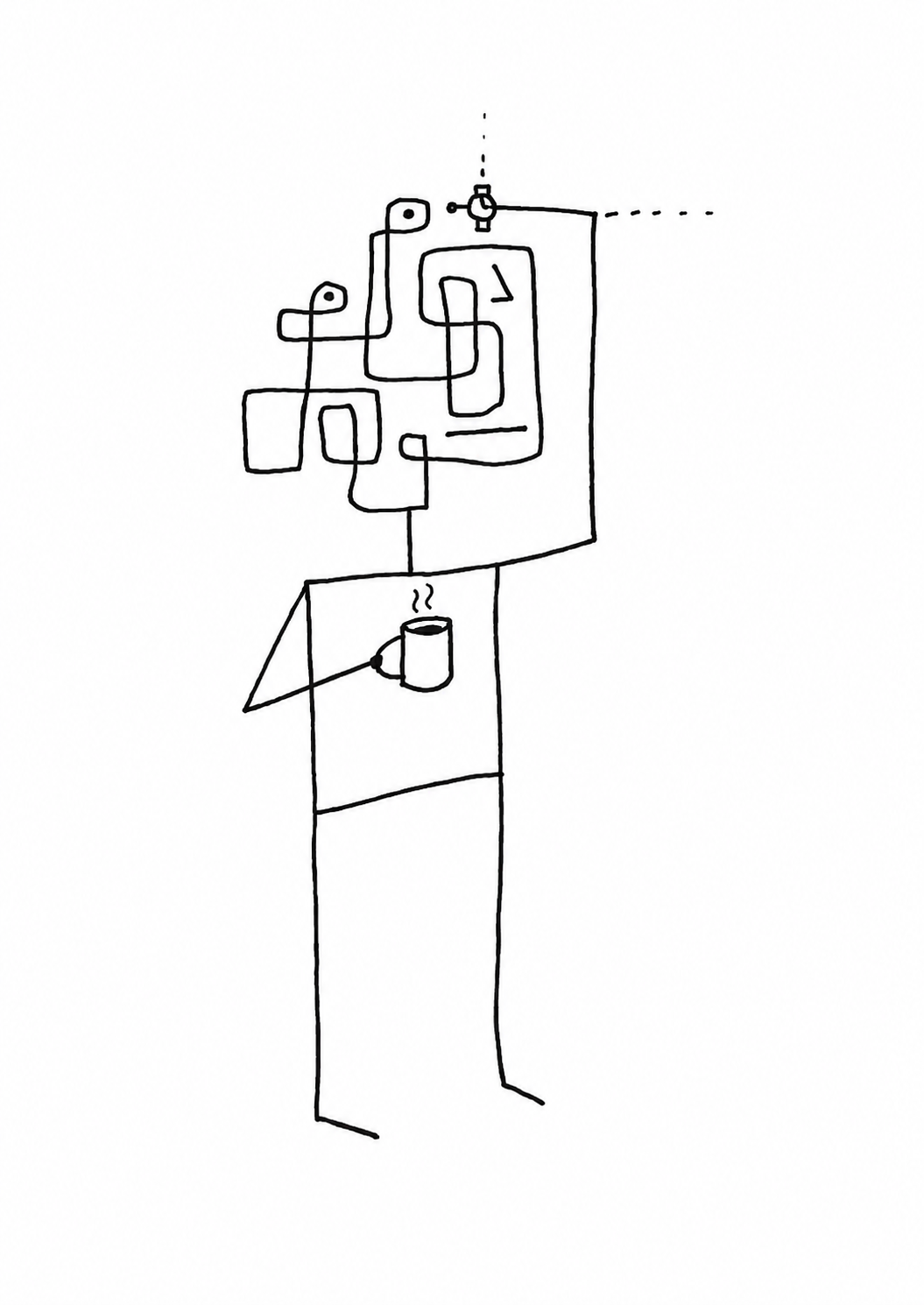 Line drawing of a figure holding a steaming mug, its head drawn as a maze of interlocking shapes.